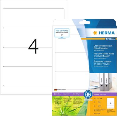 HERMA 10746 Recycling Ordnerrücken Etiketten kurz breit, 20 Blatt, 192 x 61 mm, 4 pro