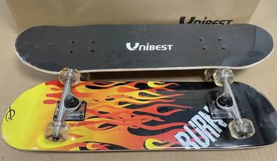 Unibest Skateboard Funboard Holzboard komplett 80x20cm Ahornholz Kinder Flamme