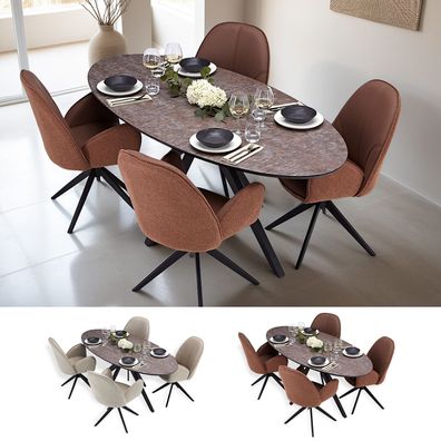 Esstisch mit 4 Stühlen Set Essgruppe Polsterstühle Drehbar Bouclé Leder Braun