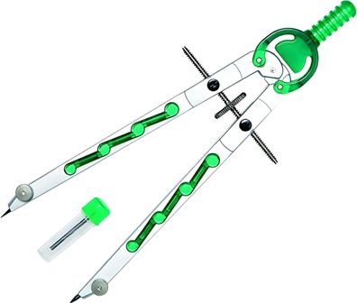 Geometriezirkel, silberfarben-Grün, Länge 165 mm, Zahnradführung, max. Kreis-Ø 360 mm