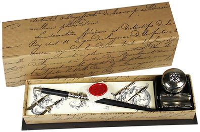 Rubinato Federhalter verziert Geschenkbox Tintenglas mit Ornament, 4 Federn