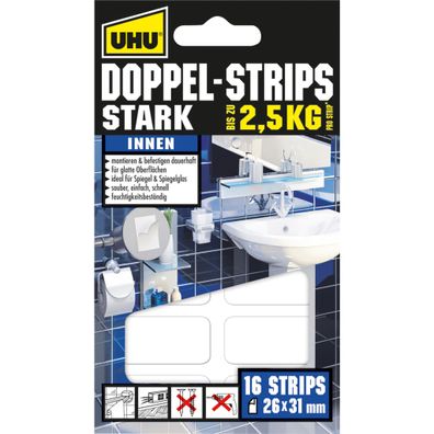 UHU Doppel Strips Stark 26 mm x 31 mm 16 Stück weiß
