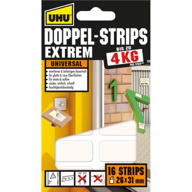 UHU Doppel Strips Extrem 26 mm x 31 mm 16 Stück weiß 4026700454505