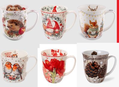 1 Kaffeebecher Igel, Wichtel, Rotkehlchen, Amaryllis, 400 ml, Weihnachten Tier Blume