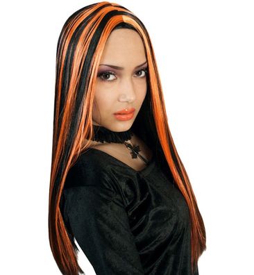 narrenwelt Perücke Hexe Vamp SE schwarz/orange Langhaar Halloween Horror Fasching Kos