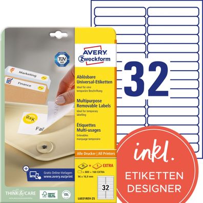 Universal-Etiketten, 96 x 16,9 mm, 30 Bogen/960 Etiketten, weiß