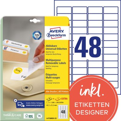 Wiederablösbare Etiketten, 45,7x21,2mm weiß 25 Blatt + 5 Blatt Gratis