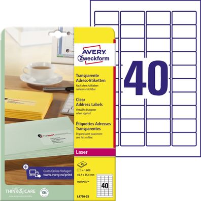 Adress-Etiketten A4, 1.000 Stück, 45,7 x 25,4 mm 25 Blatt transparent