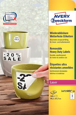 Wetterfeste Etiketten (A4, 160 Stück, ablösbar, 99,1 x 67,7 mm) weiß