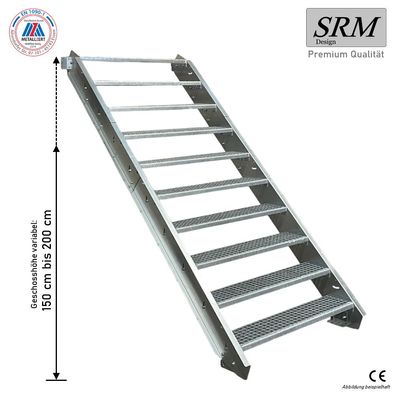 10 Stufen Stahltreppe Breite 60 - 160 cm Geschosshöhe 150 - 200 cm ohne Geländer
