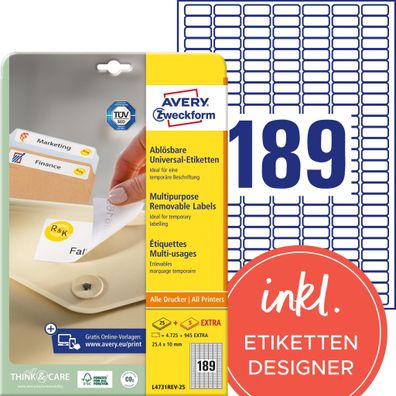 Wiederablösbare Etiketten, 25,4x10mm weiß 25 Blatt + 5 Blatt Gratis