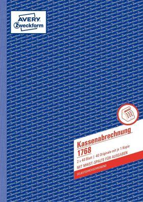 Kassenabrechnung, DIN A4, mit MwSt.-Spalte, 2 x 40 Blatt, weiß, gelb