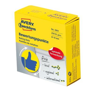 Bewertungspunkt "Daumen" - Ø 19 mm, Spender 250 Etiketten, blau / gelb