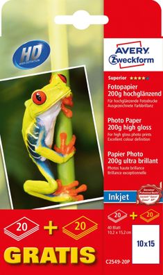 Inkjet Fotopapier - 10x15 cm, hochglänzend, 200 g/qm, 20 + 20 Blatt