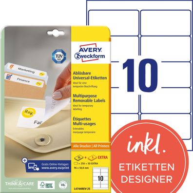 Wiederablösbare Etiketten, 96x50,8mm, weiß 25 Blatt + 5 Blatt Gratis