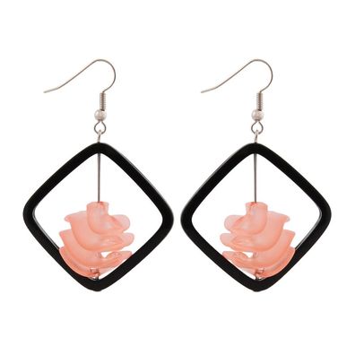 Ohrhaken Ohrhänger Ohrringe 58x39mm Viereckrahmen schwarz mit Spiralperle apricot