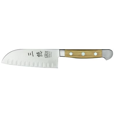 Güde kleines Santoku Messer mit 14 cm Kullenschliff-Klinge geschmiedet & Olivenholzgr