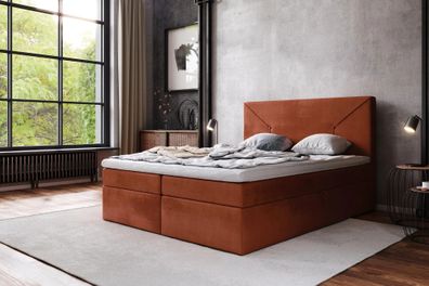 AX LIVING Boxspringbett 140x200 Kilton - Amber Samt mit Bettkasten & Topper