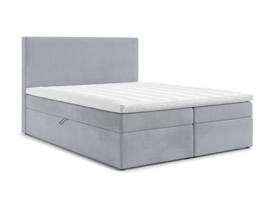 AX LIVING Boxspringbett 140x200 Kilve - Hellgrau Samt mit Bettkasten & Topper