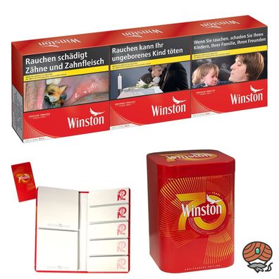 Winston Red/Rot Zigaretten 6XL 3x 60 Stück + Winston Postit Heft, Metall Dose