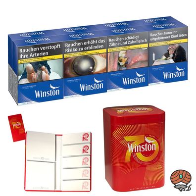 Winston Blue/Blau Zigaretten XXL 8x 27 Stück + Winston Postit Heft, Metall Dose