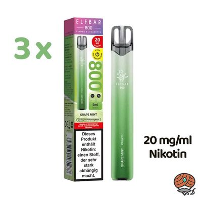 ELFBAR E-Shisha GRAPE MINT * 20mg/ml Nikotin* 800 Züge, 3x Einweg-E-Zigaretten