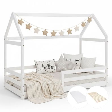 Kinderbett 80x160 cm mit Matratze Hausbett mit Rausfallschutz Bodenbett Montessori