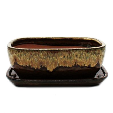 Bonsai-Schale mit Unterteller Gr. 4 Braun-Beige rechteckig Modell GB5 L 26cm B