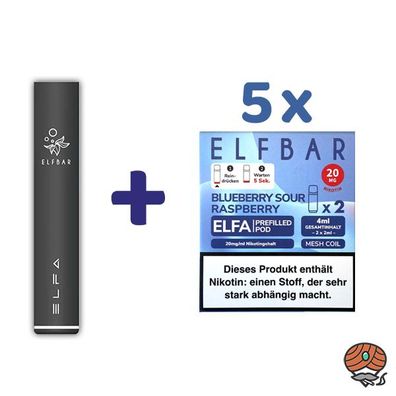 ELFBAR Akku Farbe zufällig + 5 ELFA POD Blueb. Sour Raspberry 20mg Nik à 2 Pods