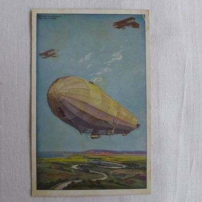 AK Zeppelin Militärluftkreuzer " Hansa " im Kampf mit feindlichen Fliegern