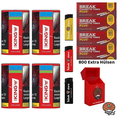 The King Red Volumentabak Dose 4x 90g, Break Plus Hülsen, Feuerzeuge, Box