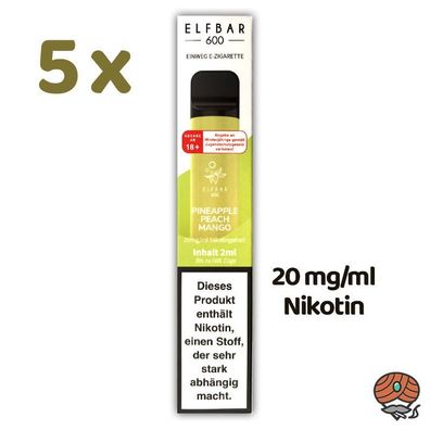 ELFBAR 600 E-Shisha Pineapple PEACH MANGO, 5x 20mg Nik, Einweg-E-Zigarette to go