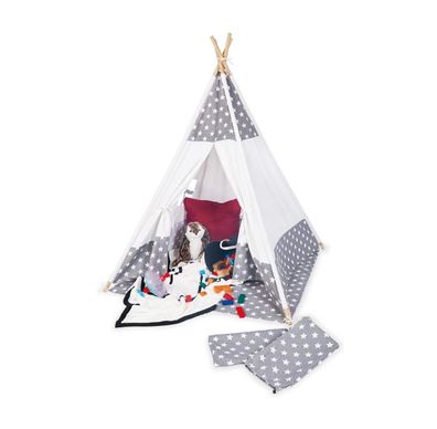 Pinolino Tipi Kinderzelt „Jakara“, gemütliches Spiel- & Lesezelt mit Holzstangen