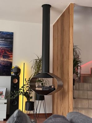 Moderner Decken-Ethanolkamin schwarz/silber H 190 cm - hängender Bioethanol-Kamin für