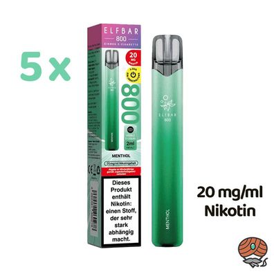 ELFBAR E-Shisha Menthoi * 20mg/ml Nikotin* 800 Züge, 5x Einweg-E-Zigaretten