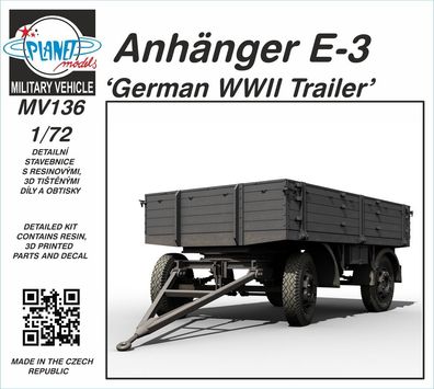 Planet Models 1:72 129-MV136 Anhänger E-3 ‘German WWII Trailer’ - NEU