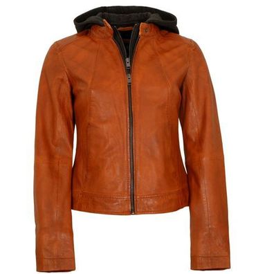 Jilani Collection - Damen Lederjacke Lammnappa Kapuze orange