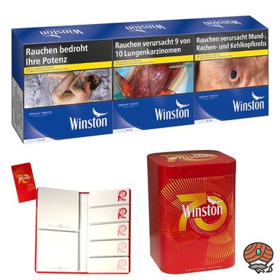 Winston Blue/Blau Zigaretten 6XL 3x 60 Stück + Winston Postit Heft, Metall Dose