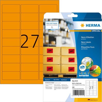 HERMA 5141 Farbige Etiketten neon orange, 20 Blatt, 63,5 x 29,6 mm, 27 pro A4 Bogen,