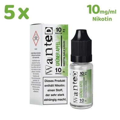 Wanted Overdosed GRÜNER APFEL * 10mg/ml* Nikotinsalz, Liquid 5x 10ml