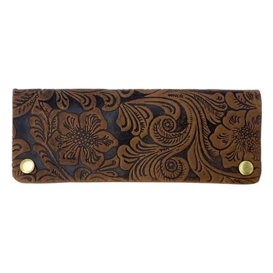 Angelo Tabakbeutel / Feinschnittbeutel + Zubehör aus Leder mit Flowerprint braun