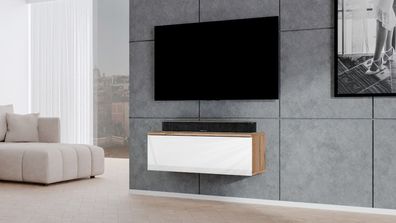 AX LIVING TV Lowboard Loriano 100cm breit Eiche Wotan / weiß Hochglanz