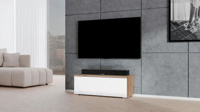 AX LIVING TV Board Loriano 100cm Lowboard Eiche Wotan / weiß Hochglanz