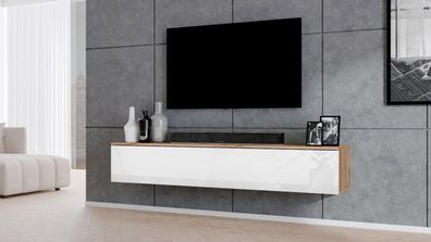 AX LIVING TV Bank Loriano 2x100cm Lowboard Eiche Wotan/weiß Hochglanz