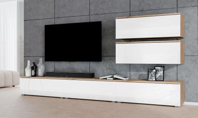 AX LIVING Anbauwand Loriano V Wohnwand Eiche Wotan/weiß Hochglanz 300