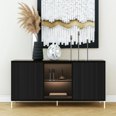 AX LIVING schwarze Sideboard Benvie 154 cm - Glas & Lamellenfront