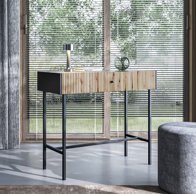 AX Living Tisch mit Schubladen Dinley 93 cm Schwarz mit Eiche-Riffel-Front