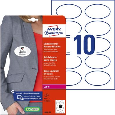 AVERY Zweckform L4882-20 ovalNamensetiketten 85x50mm wei? 200ST