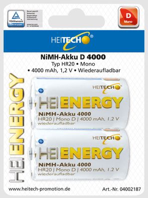 Heitech Akku Mono D 4000 mAh 1,2V NiMH 2 Stück - Wiederaufladbare Batterien mit