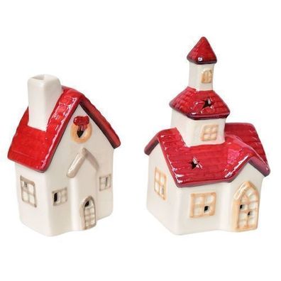 Kirche 16 cm und Häuschen 13 cm aus Keramik mit LED-Beleuchtung, 2er-Set